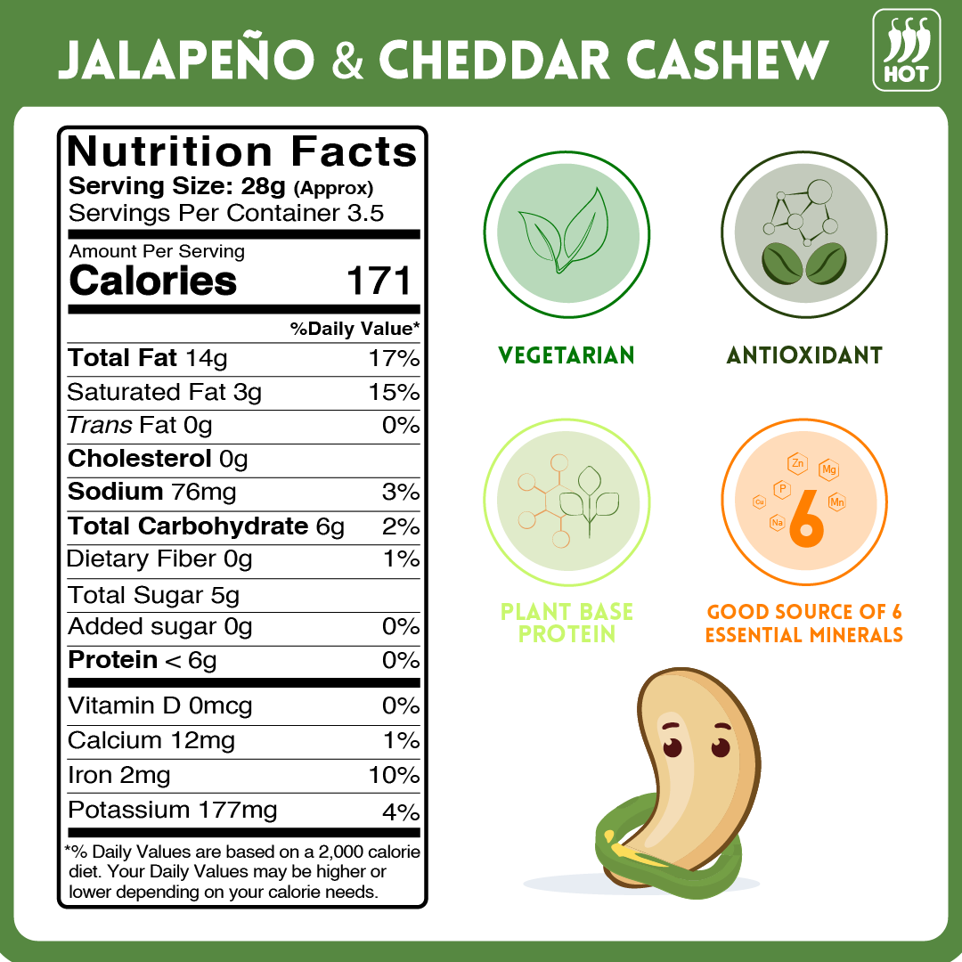 alcoeats Jalapeno & Cheddar Cheese Cashews- Nutrition