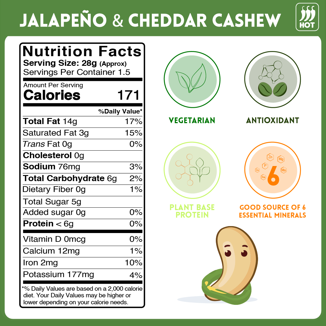 alcoeats Jalapeno & Cheddar Cashews- Nutrition